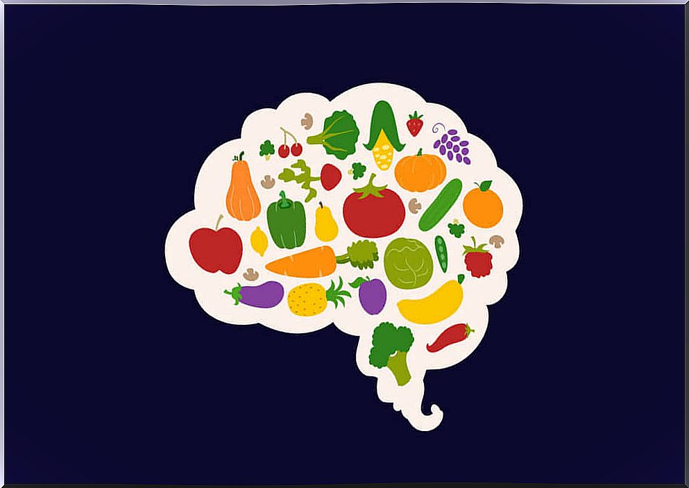 Illustration of a brain containing food. 