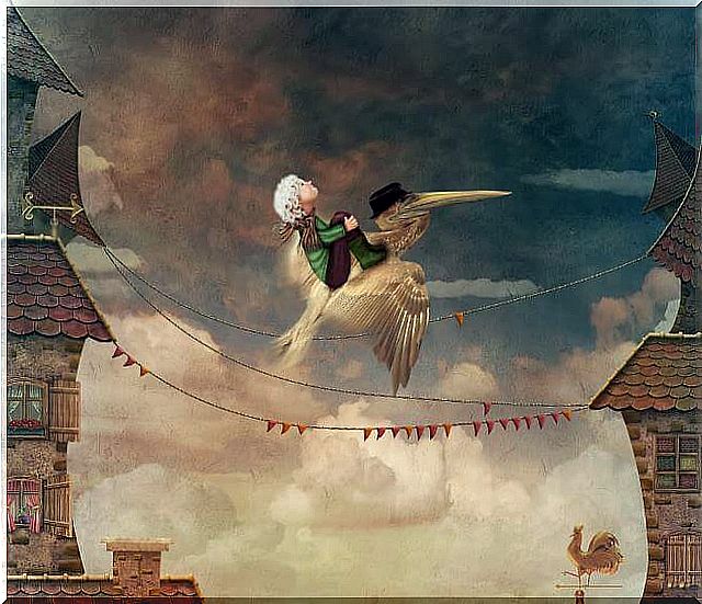 girl flying on a bird